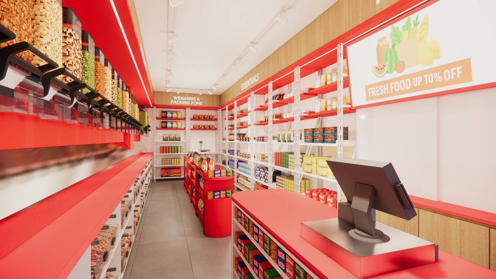 Grocery aisle with wood and red shelving